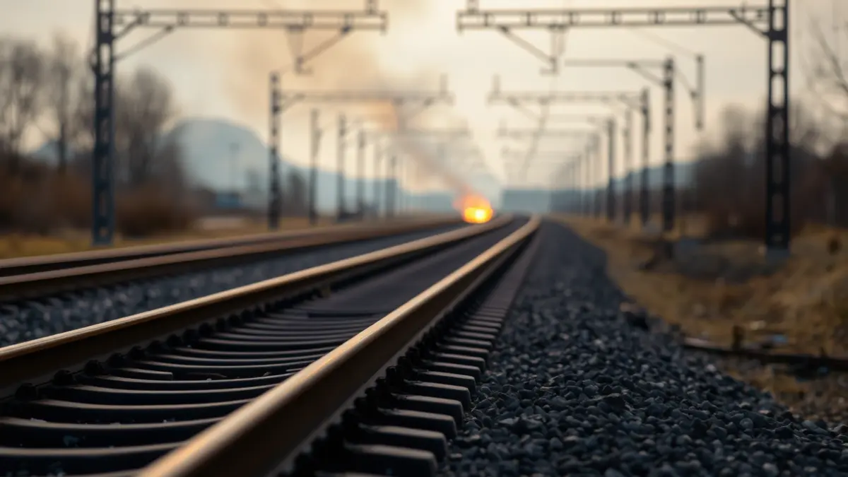 Vías de tren con humo o fuego difuminado cerca, iluminación matinal.