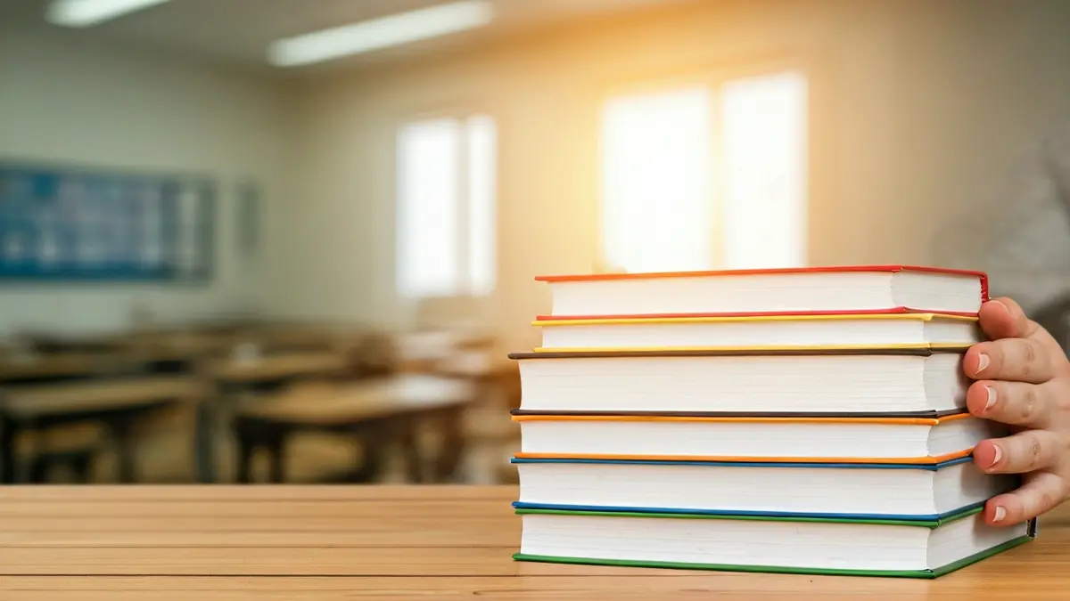 Generic image of teacher's hands with books in an educational setting.