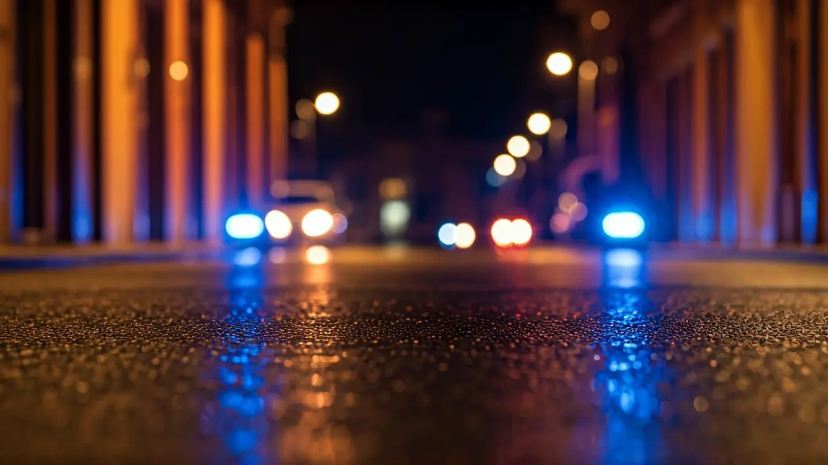 Generic image of emergency lights reflecting on wet asphalt in a Mediterranean urban setting.