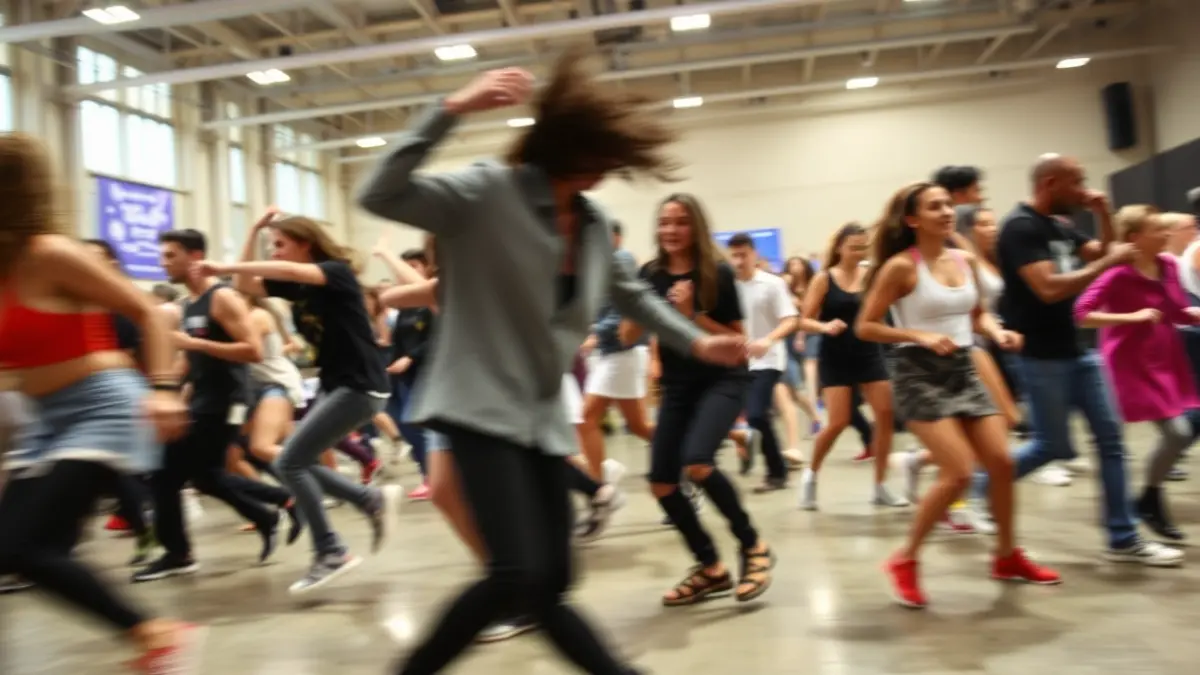 Generic image of a group of urban dancers in motion on a lit stage.