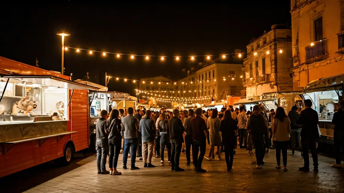 Imagen genérica de un festival de comida al aire libre con gente disfrutando de hamburguesas gourmet.