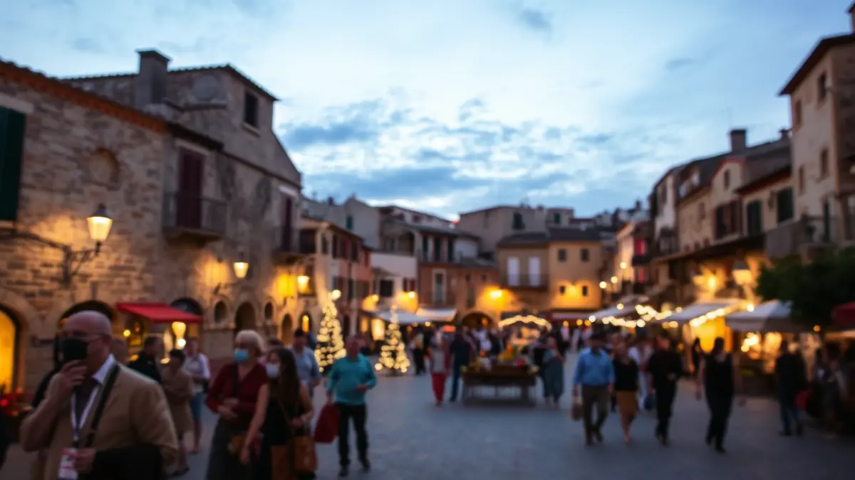 Imagen genérica de una plaza de pueblo mediterránea durante una fiesta mayor, con gente borrosa e iluminación cálida.