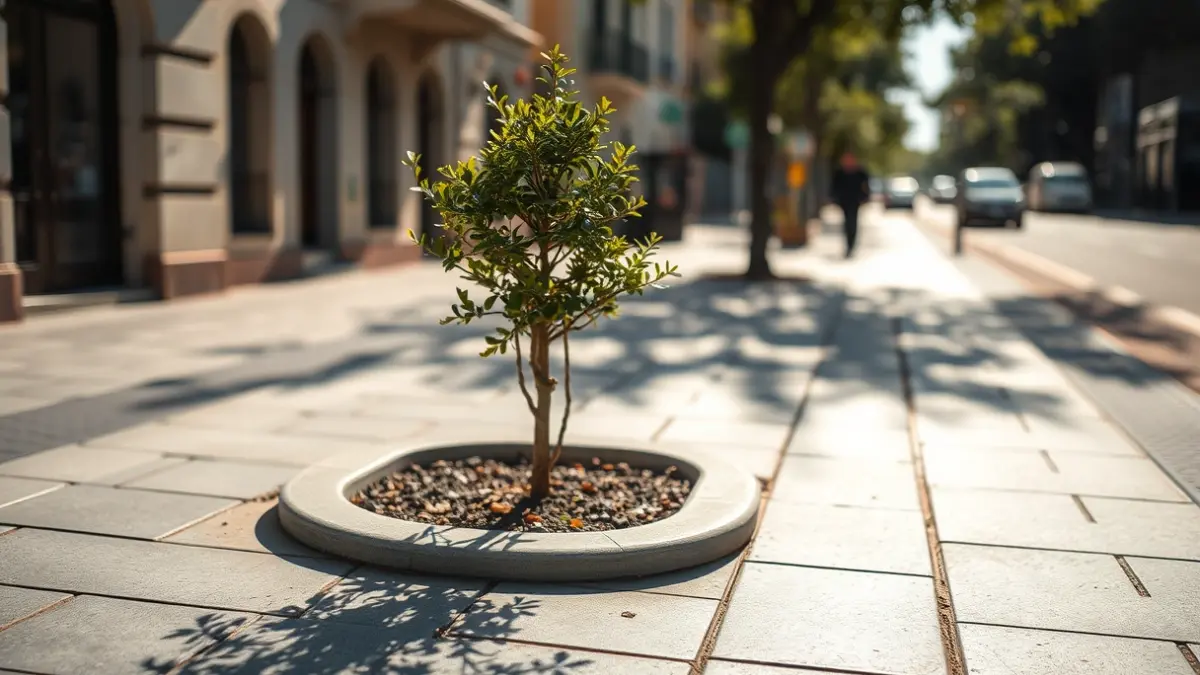 Imagen genérica de una acera renovada con pavimento moderno y un árbol.