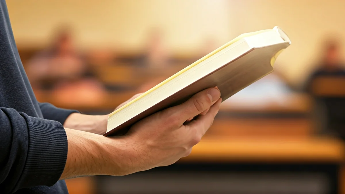 Generic image of hands holding a book in an educational setting.