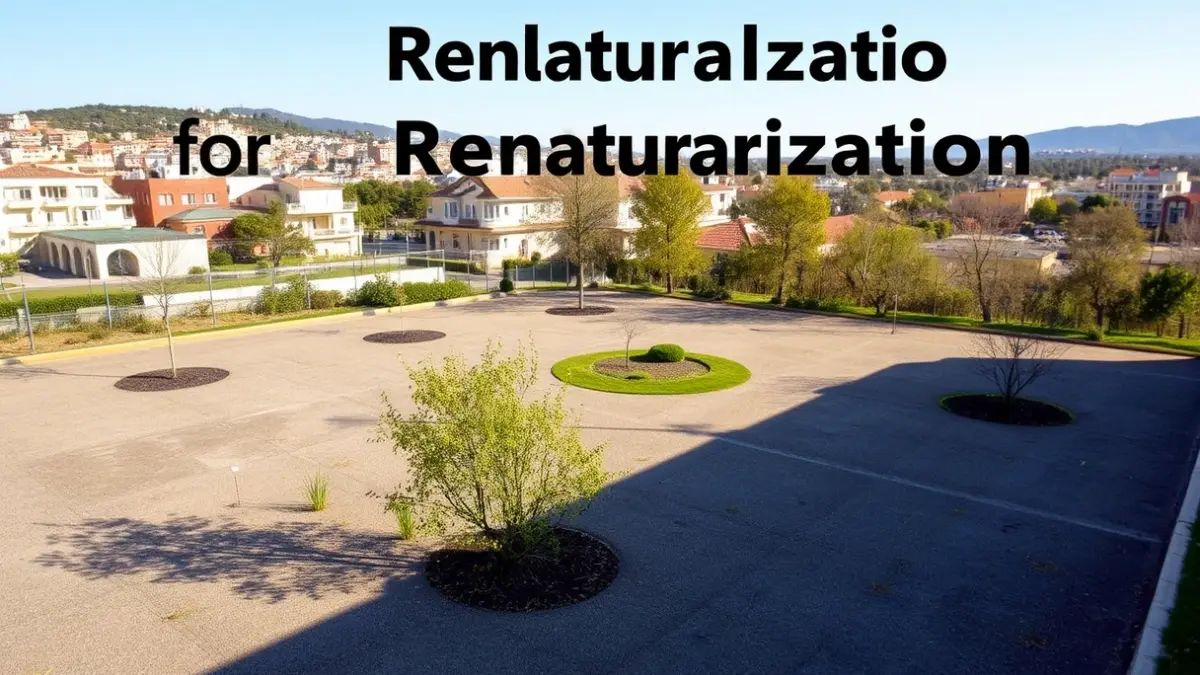 Imatge aèria d'un pati escolar amb superfícies dures i poca vegetació, amb la ciutat de fons.