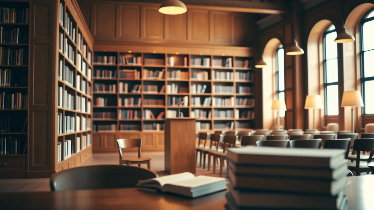 Generic image of a library with wooden bookshelves and a cozy reading atmosphere.