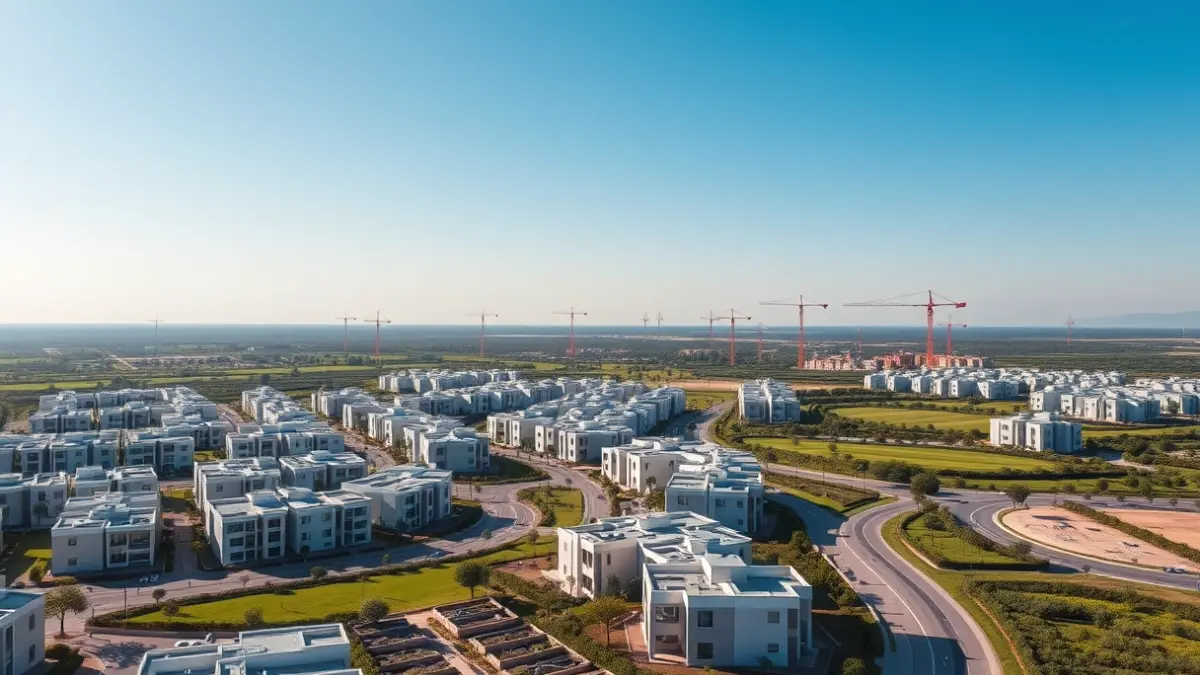 Aerial view of a growing urban area with new buildings and green spaces.