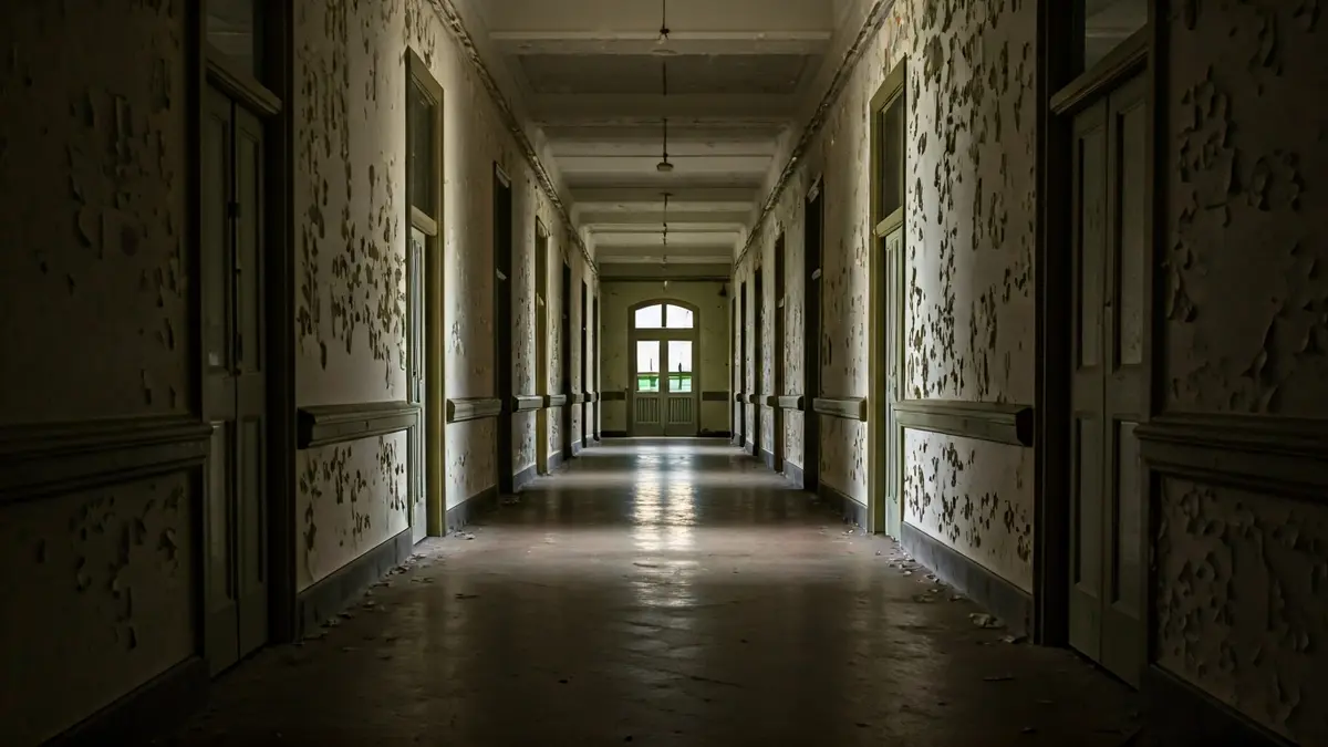 Imatge genèrica d'un passadís d'un antic psiquiàtric, amb poca llum i parets deteriorades.