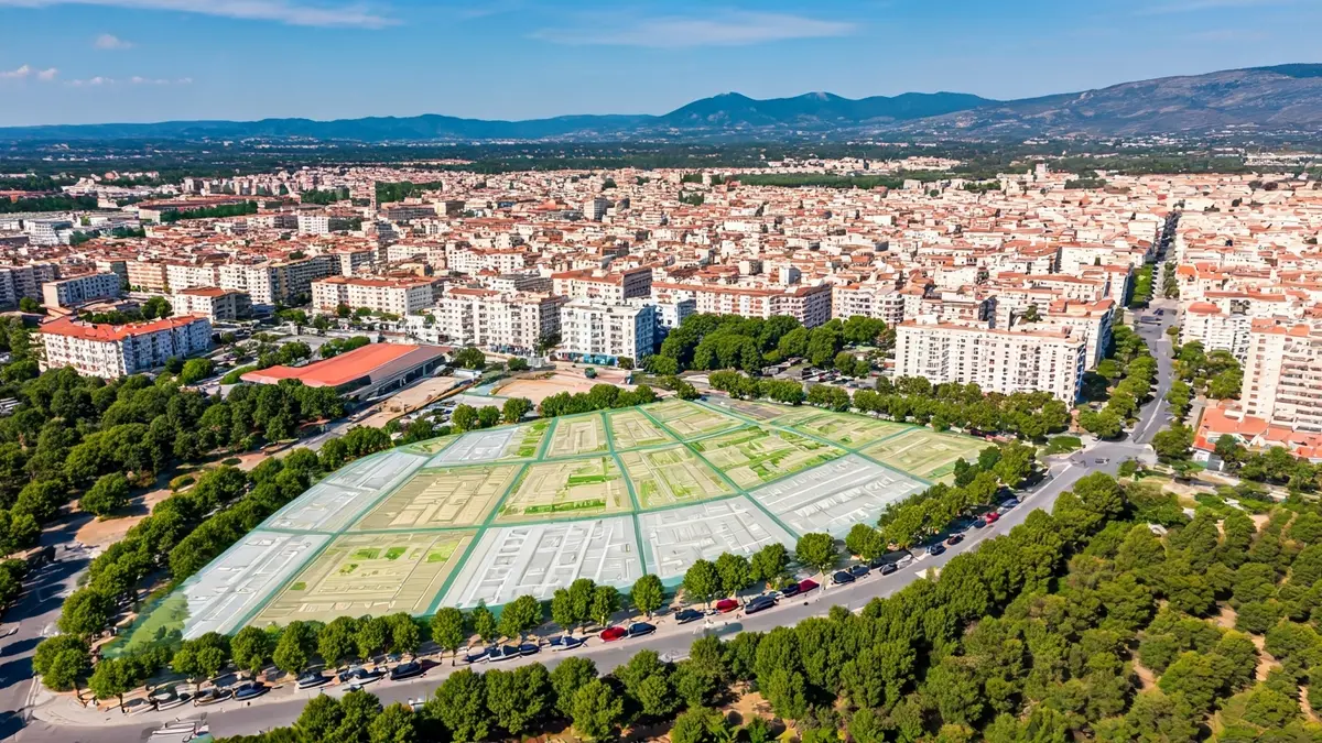Imatge aèria d'un pla urbanístic amb zones de desenvolupament comercial