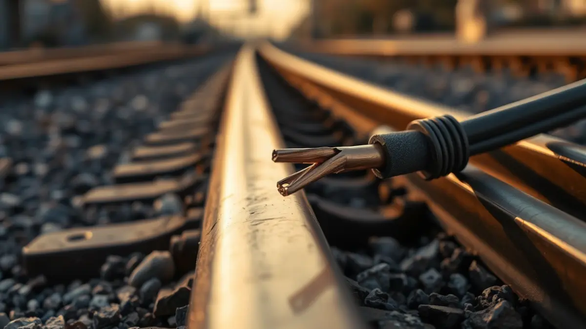Imatge d'un cable de coure tallat sobre les vies del tren.