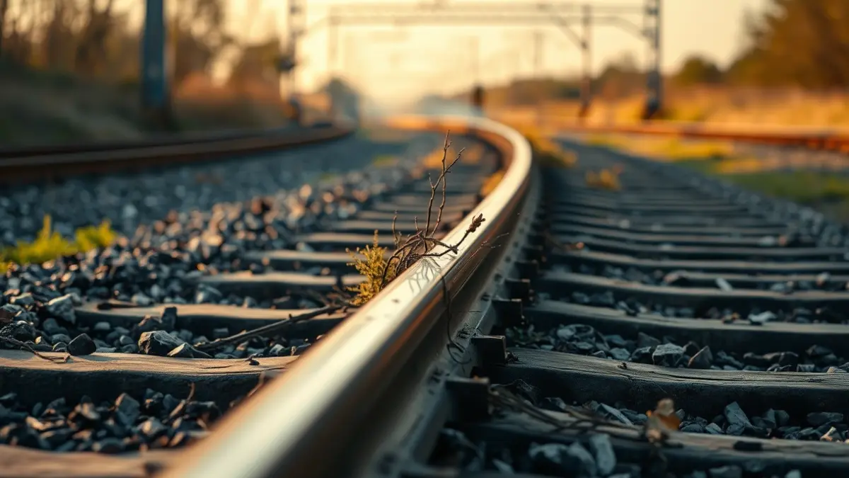 Imatge d'un tram de via de tren amb vegetació cremada al costat, després d'un incendi.