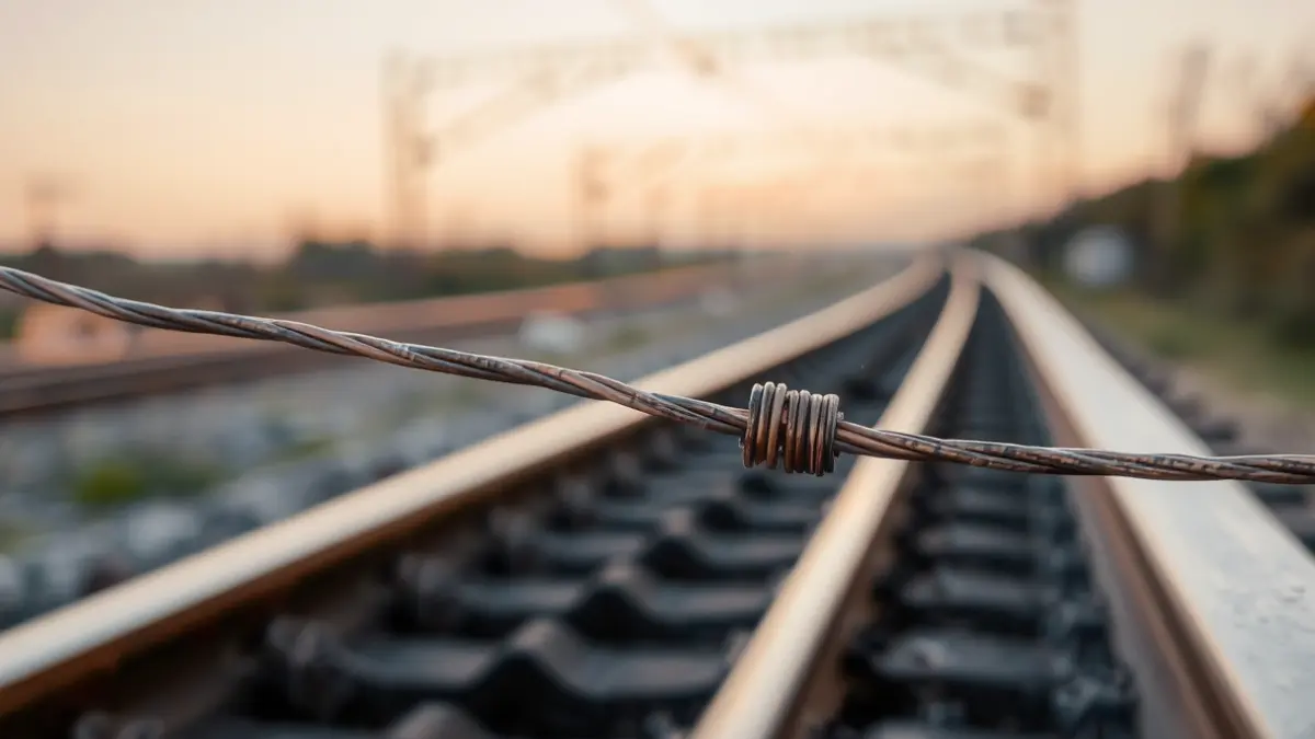 Damaged copper wire on a train track, with blurred tracks in the background.