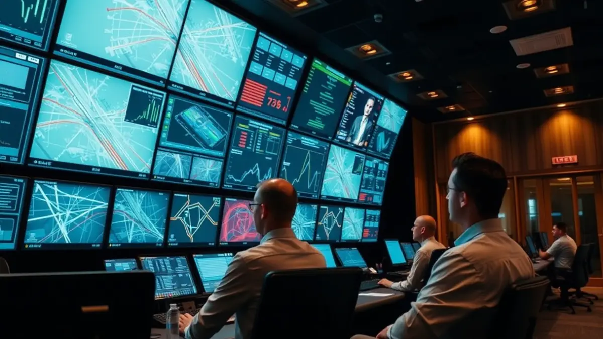 Imatge genèrica d'un centre de control ferroviari amb pantalles i operadors.