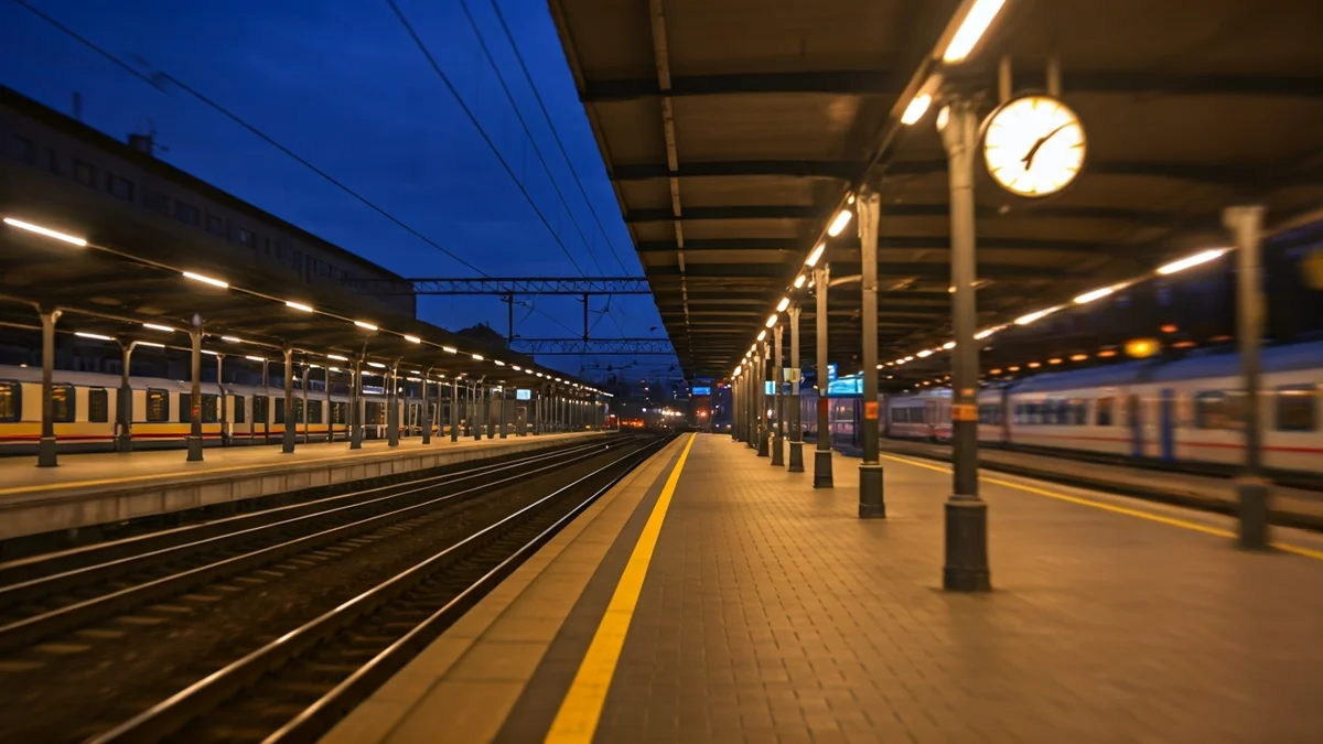 Imatge genèrica d'una andana de tren al capvespre amb un tren arribant a la distància.