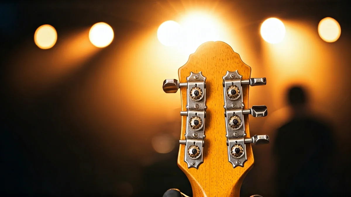 Imagen genérica de un clavijero de guitarra eléctrica con luces de escenario borrosas al fondo.