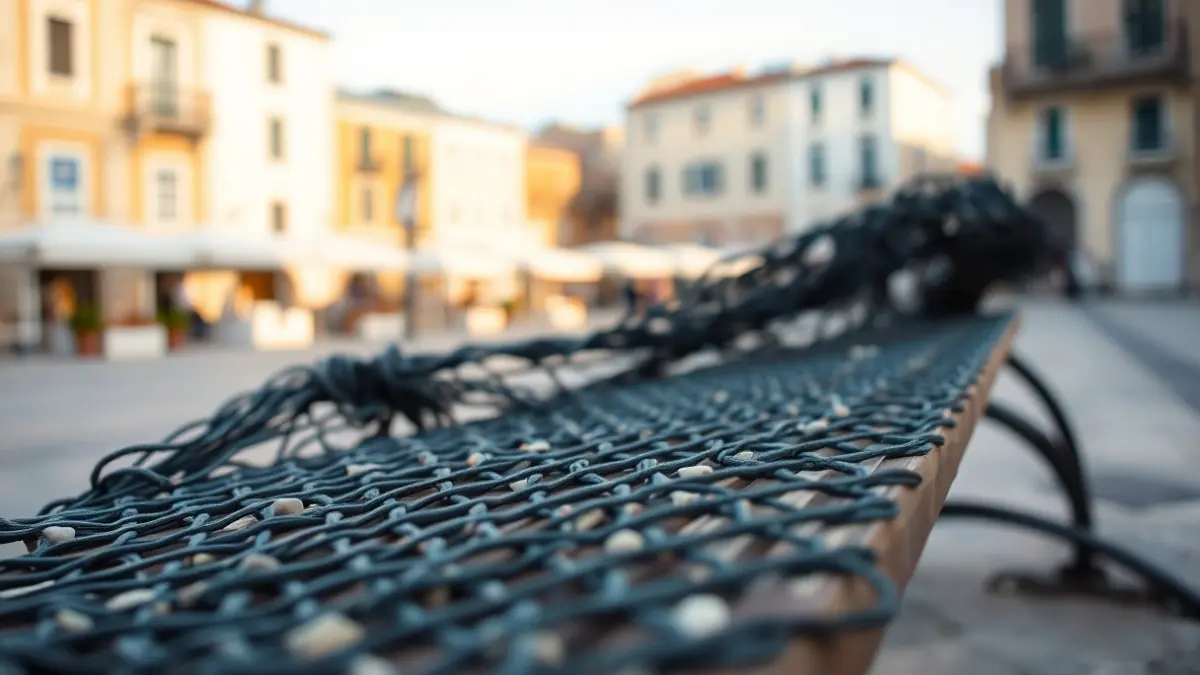 Imatge d'un banc fet amb xarxes de pesca reciclades en una plaça urbana.