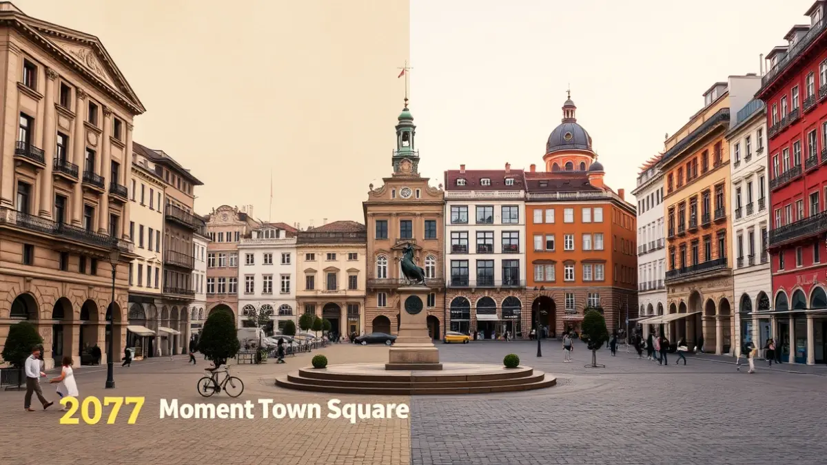 Imagen que compara una fotografía histórica con una actual de la misma plaza, mostrando la evolución urbana.