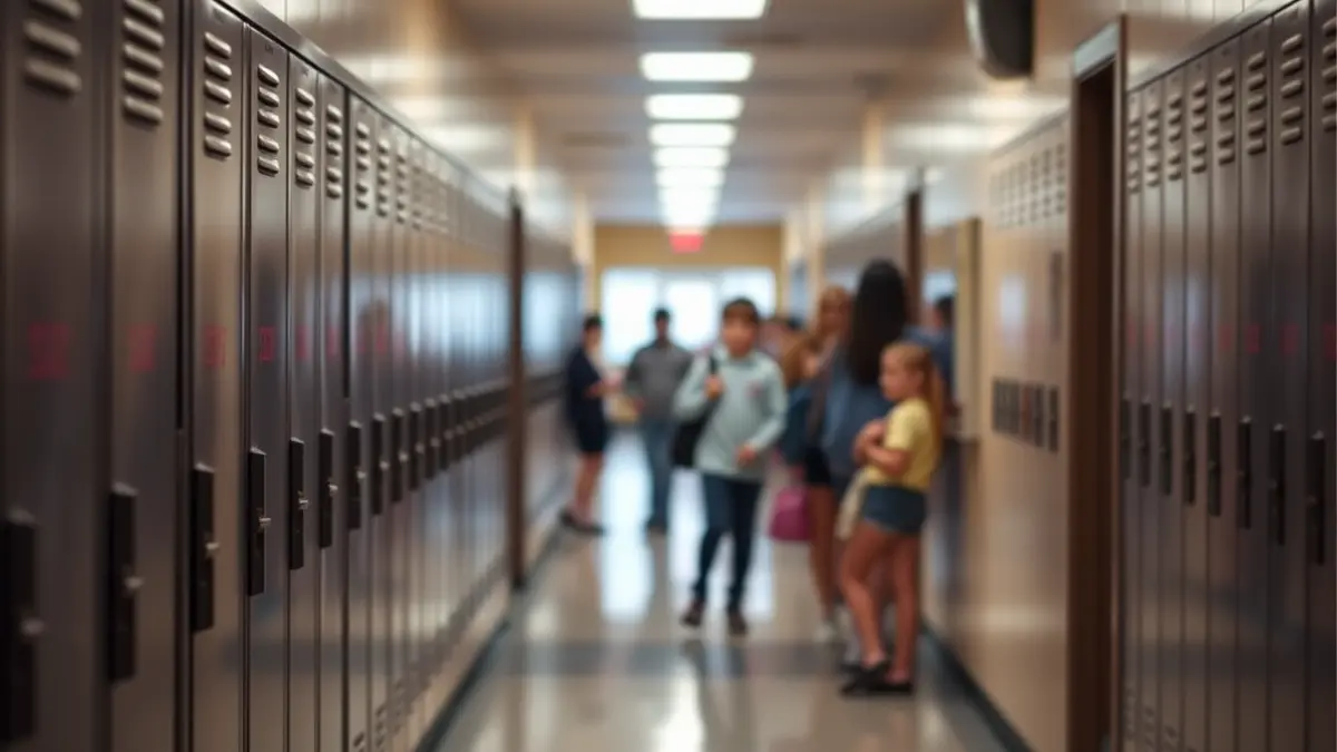 Imatge genèrica d'un passadís escolar, amb taquilles i estudiants desenfocats al fons.
