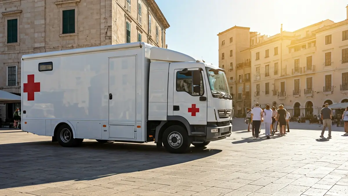 Imagen de un camión sanitario móvil en una plaza urbana.