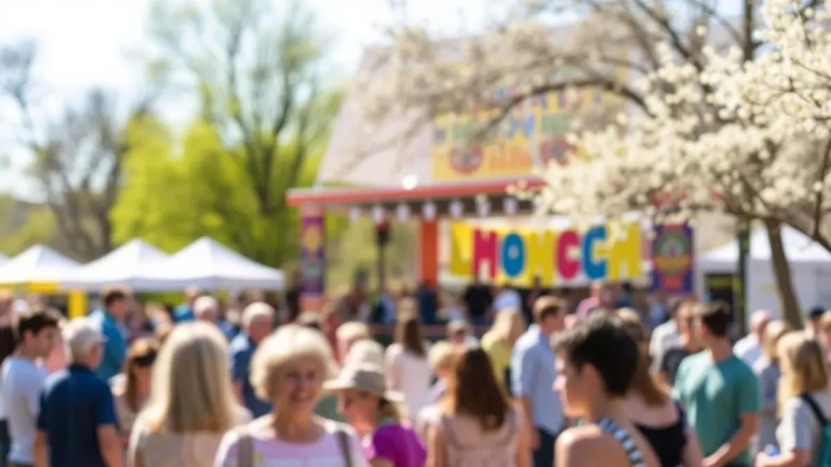 Imagen genérica de un evento comunitario al aire libre con gente interactuando y un escenario.