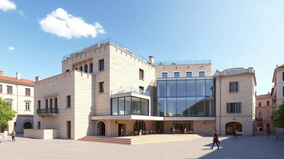Imatge del futur complex cultural de la plaça del Gas a Sabadell, amb edificis històrics i moderns.