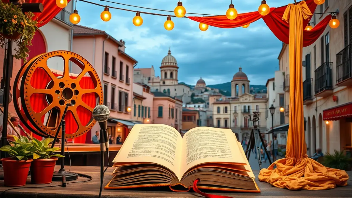 Image representing cultural diversity with elements of cinema, music, literature, and circus.