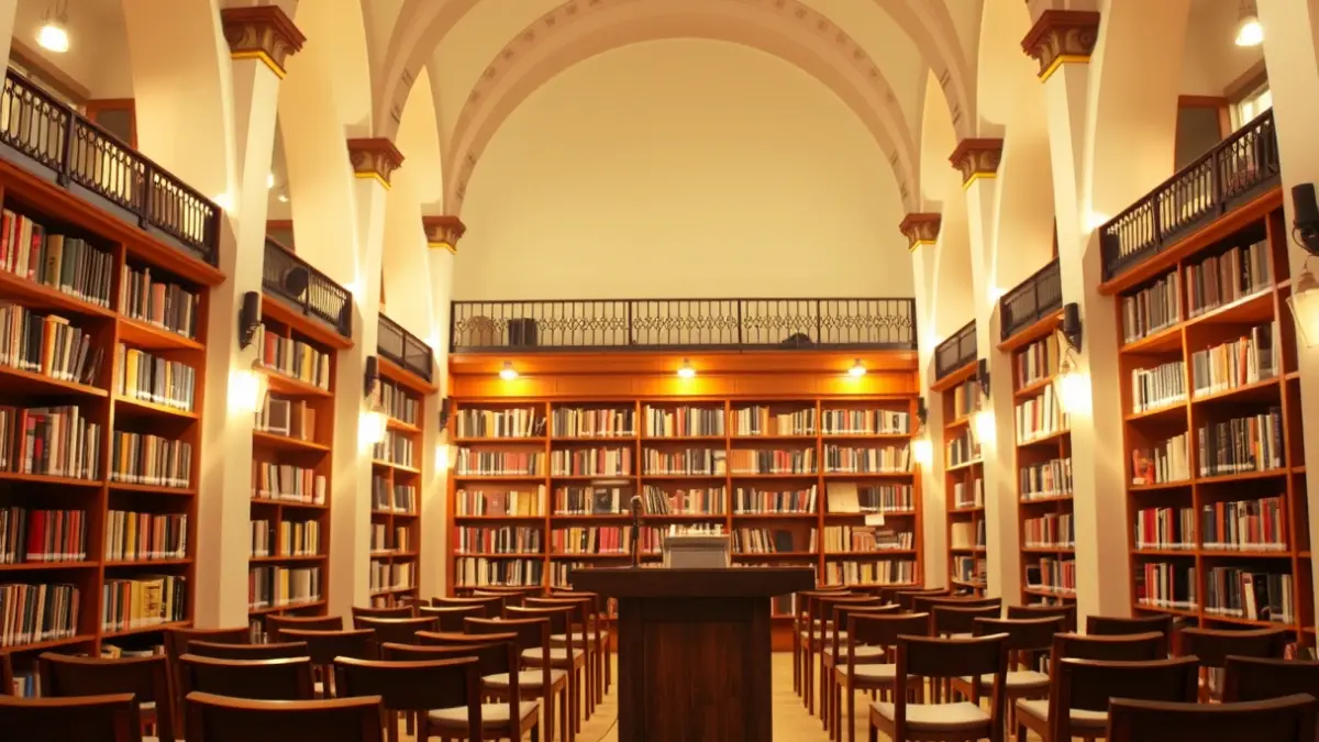 Imagen genérica de un interior de biblioteca con estanterías de madera y un podio con micrófono.