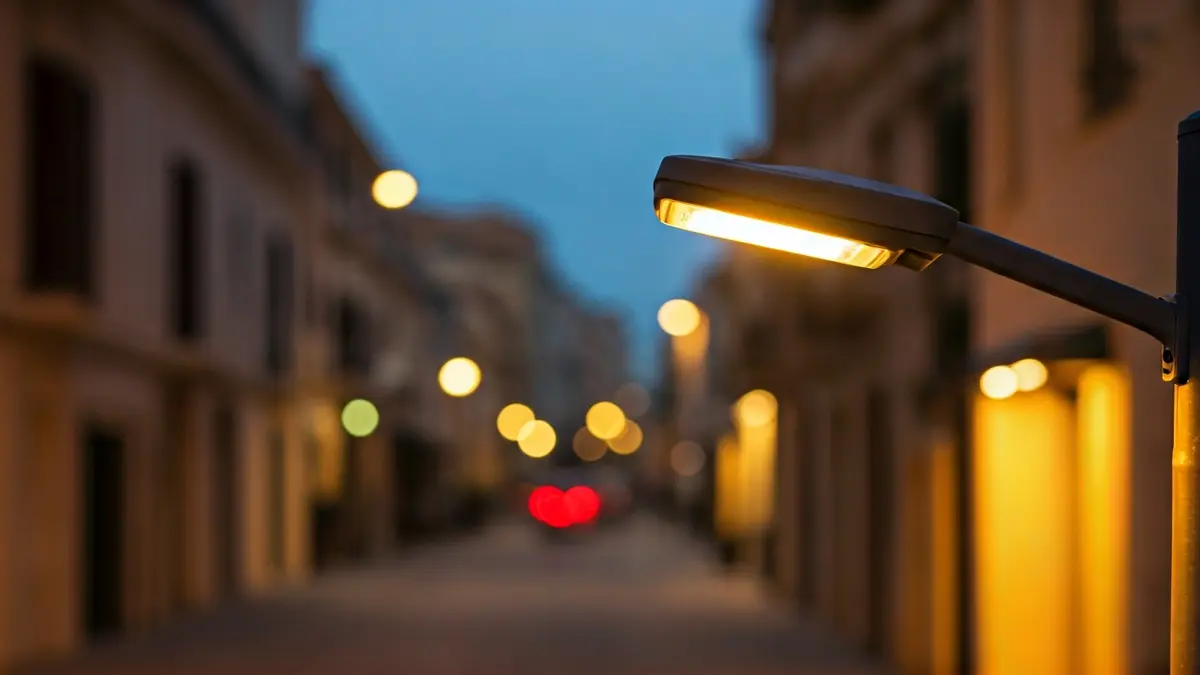 Imagen genérica de una farola LED moderna iluminando una calle urbana al anochecer.