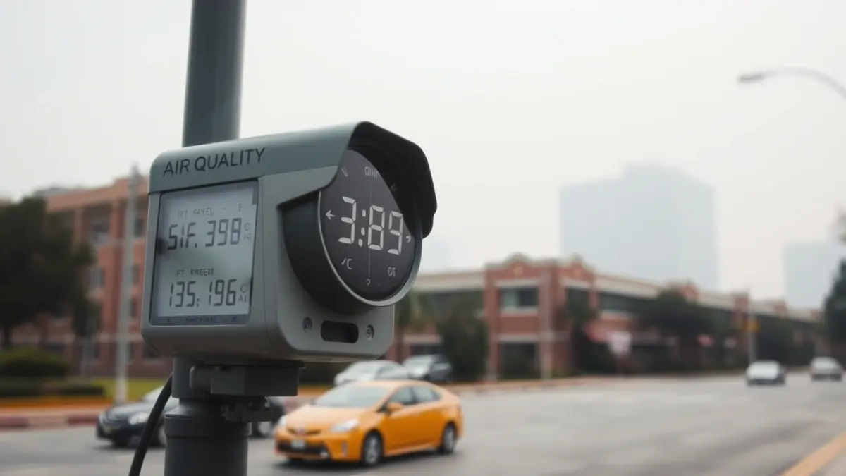 Generic image of an air quality sensor in an urban environment with traffic.