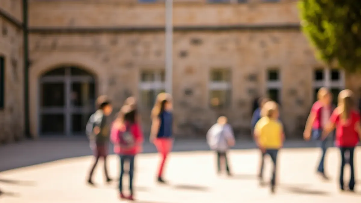 Imatge d'una façana d'escola amb nens jugant al fons, il·luminada pel sol de la tarda.