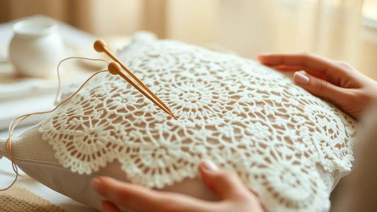 Imatge genèrica de mans elaborant punta de coixí amb boixets i fils.