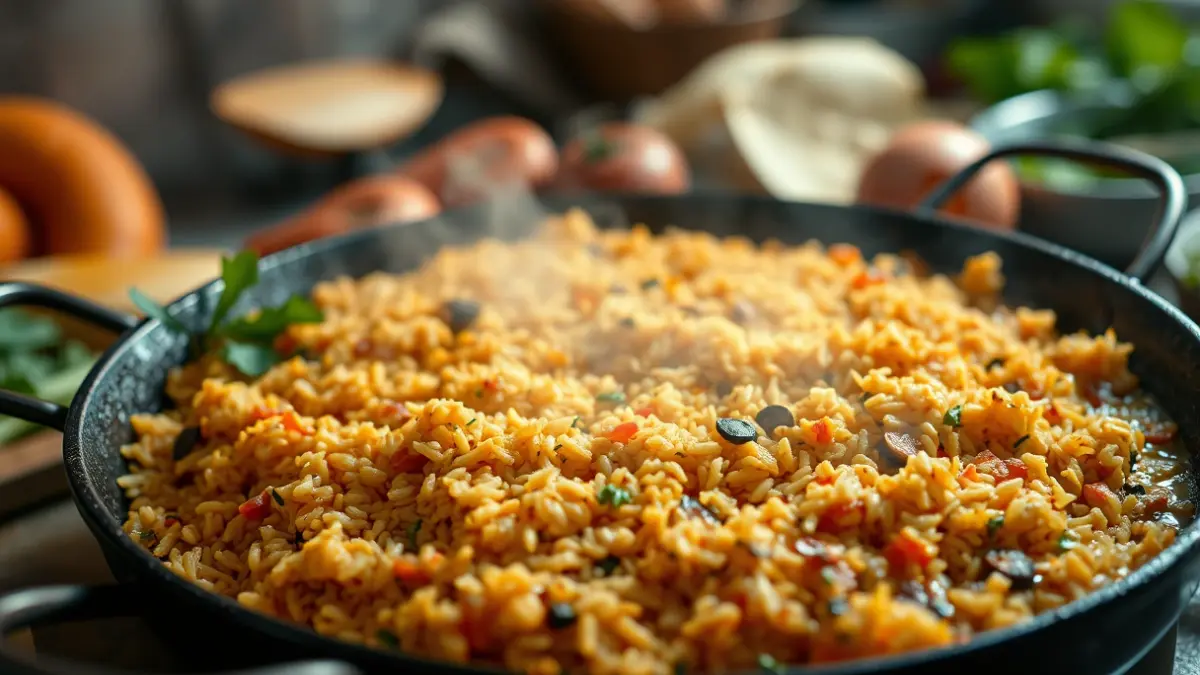 Generic image of a paella with rice and fresh ingredients, with steam rising.