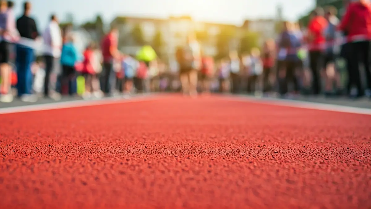 Generic image of a red carpet on an athletics track, with blurred crowd in the background.