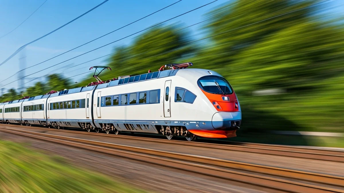 Generic image of a modern train crossing a green Mediterranean landscape, with blurred motion and high-speed rail tracks, on a sunny day.