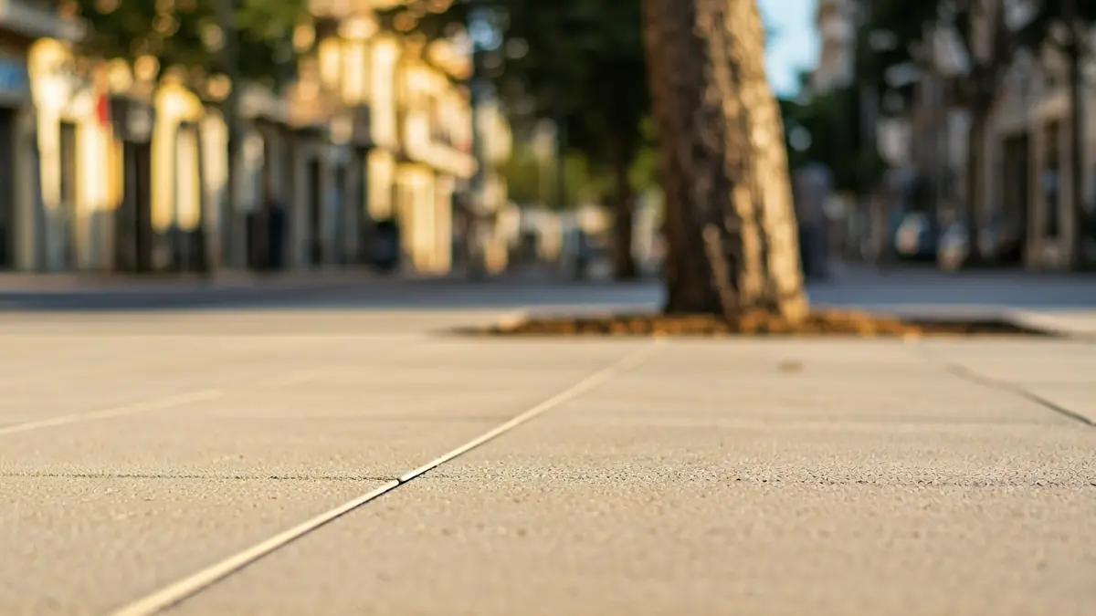 Generic image of a new sidewalk with urban trees and modern lighting.