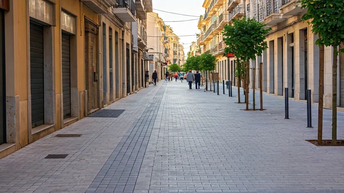 Generic image of a renovated sidewalk with LED lighting and urban trees.