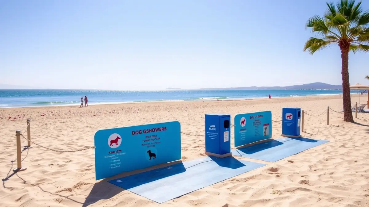 Image of a dog beach in Salou with showers and waste bins.