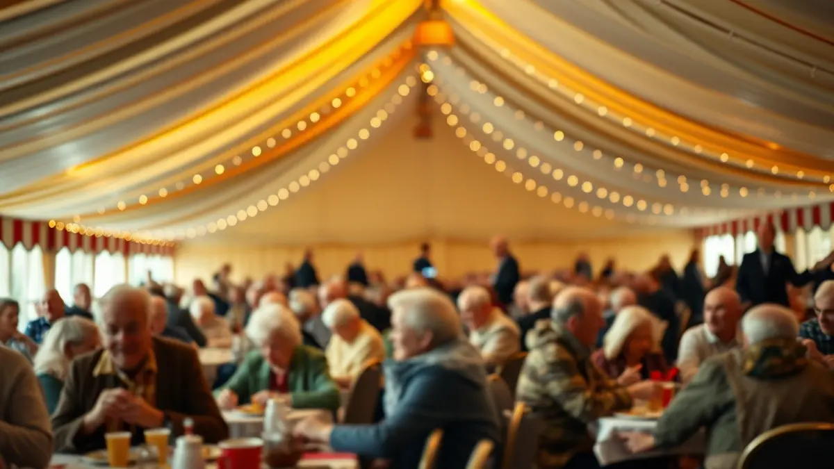 Image of a festive tent with elderly people celebrating a communal meal.