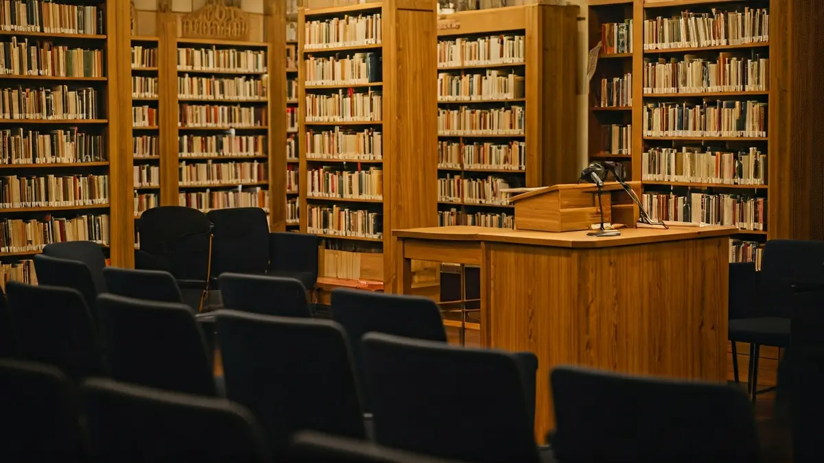 Imatge genèrica d'una biblioteca amb prestatgeries de fusta i un faristol amb micròfon, amb una il·luminació càlida.