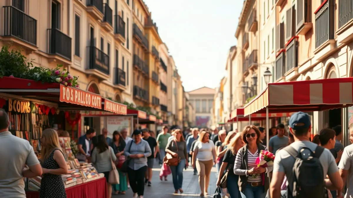 Imatge d'una parada de llibres i roses durant la diada de Sant Jordi a Barcelona.