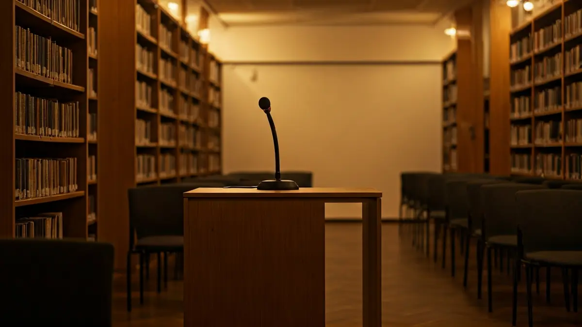 Imatge genèrica d'un ambient de lectura o presentació de llibres, amb prestatgeries i un micròfon.