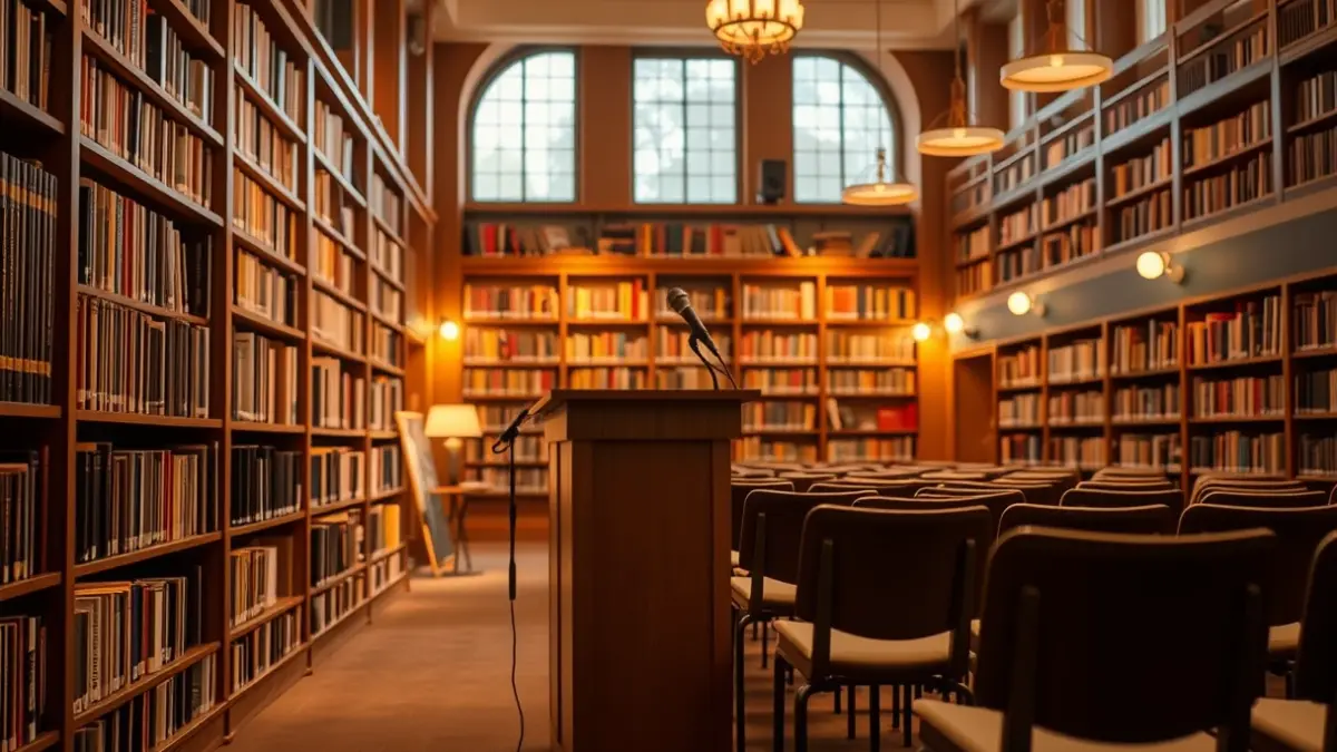 Generic image of a library with bookshelves and a microphone podium, with warm lighting.