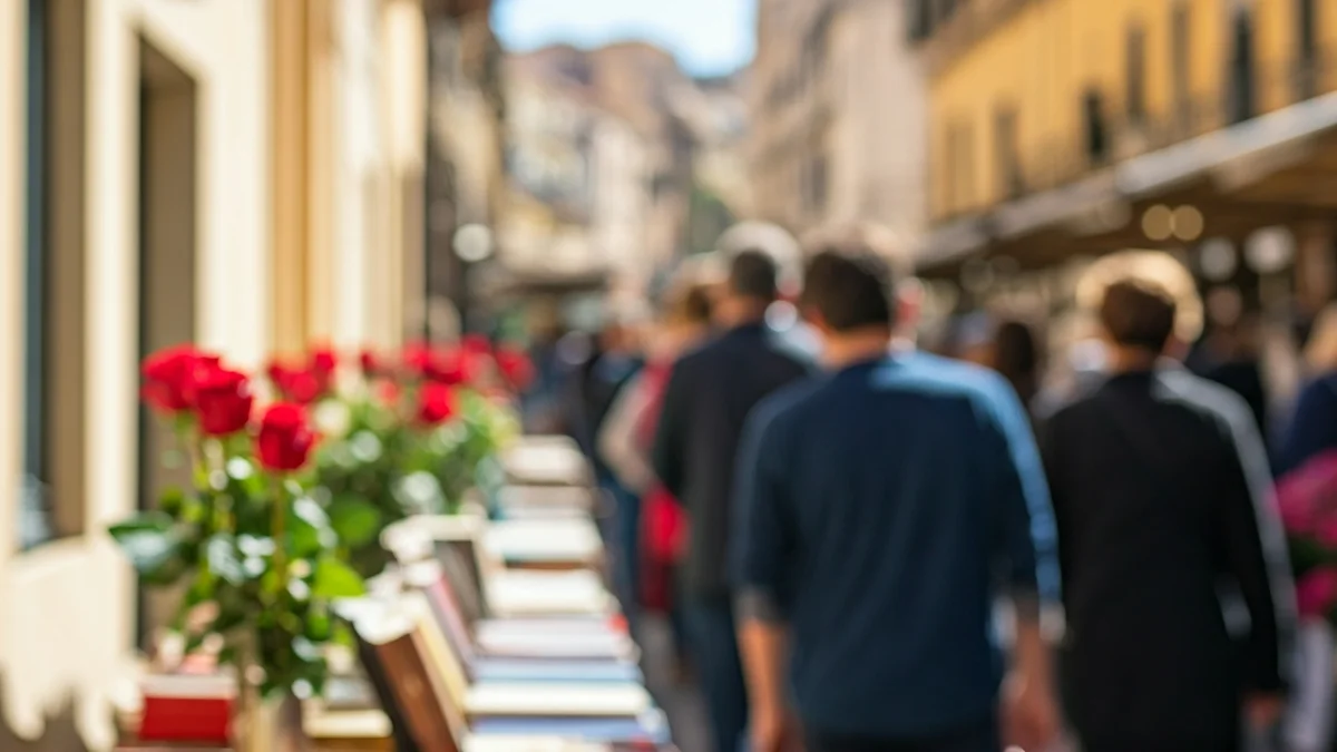 Imatge genèrica d'una superilla literària amb parades de llibres i roses en un carrer de vianants durant una diada cultural.