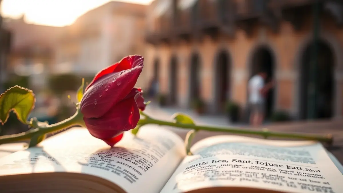 Imatge genèrica d'una rosa vermella sobre un llibre obert, símbol de Sant Jordi.