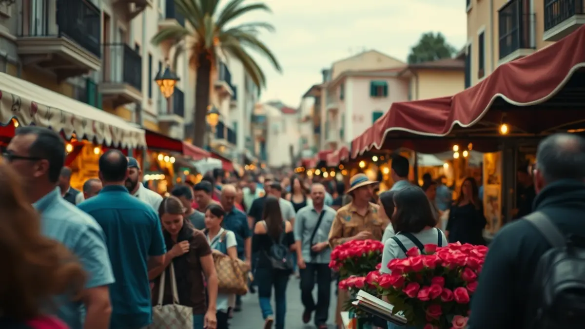 Image of a Sant Jordi celebration with book and rose stalls on a busy street.