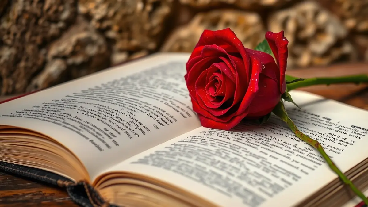 Generic image of a rose and a book, symbols of Sant Jordi.