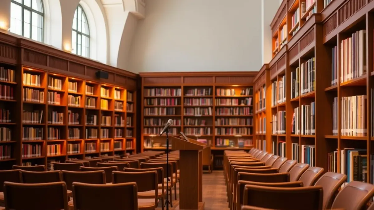 Imatge genèrica d'una biblioteca amb prestatgeries de fusta i un faristol amb micròfon, amb una il·luminació càlida.
