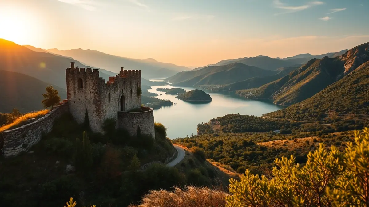 Vista panorámica del castillo de Sant Llorenç de Montgai y el embalse al atardecer.