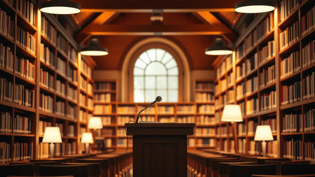 Imagen genérica de un espacio de lectura o recital con un micrófono y sillas vacías.