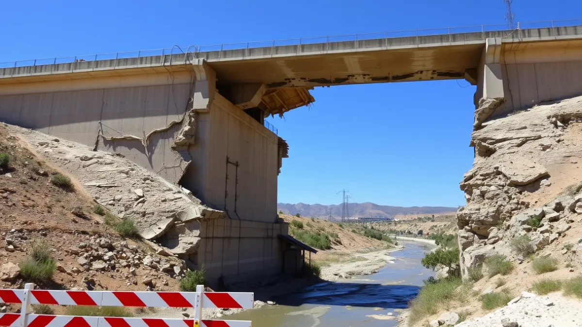 Imatge d'un pont danyat amb barreres de construcció.